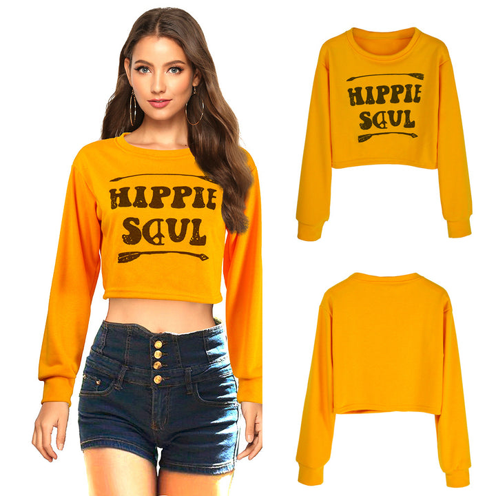 Damen Kurzes Cropped-Sweatshirt mit Print, Rundhalsausschnitt & langen Ärmeln Echoarchiv