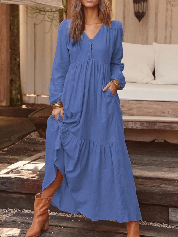 Damen nan luftiges Maxikleid mit V-Ausschnitt, langen Ärmeln und seitlichen Taschen Echo Archiv