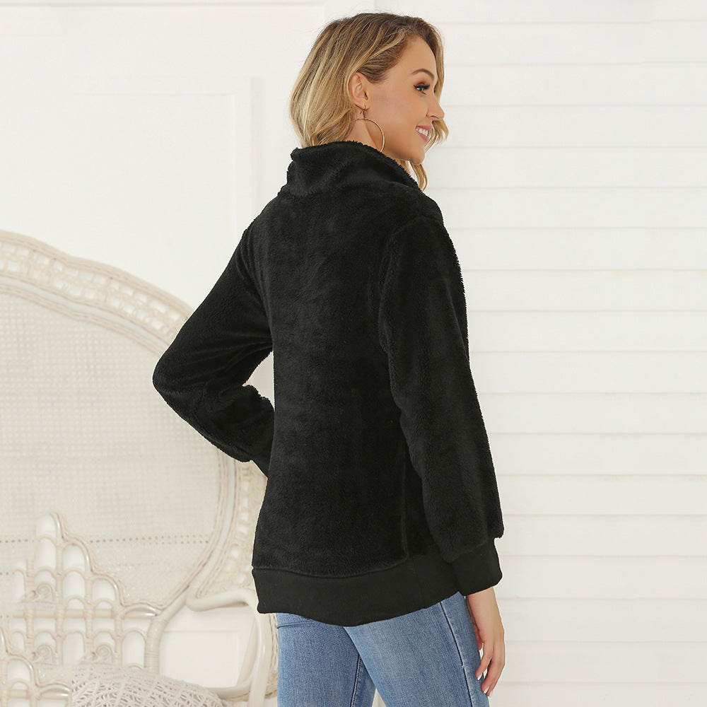 Damen Teddy-Fleece-Pullover mit kurzem Reißverschluss & Camouflage-Bund Echoarchiv