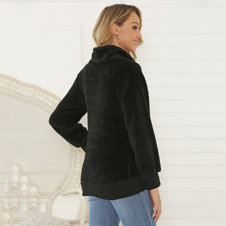 Damen Teddy-Fleece-Pullover mit kurzem Reißverschluss & Camouflage-Bund Echoarchiv
