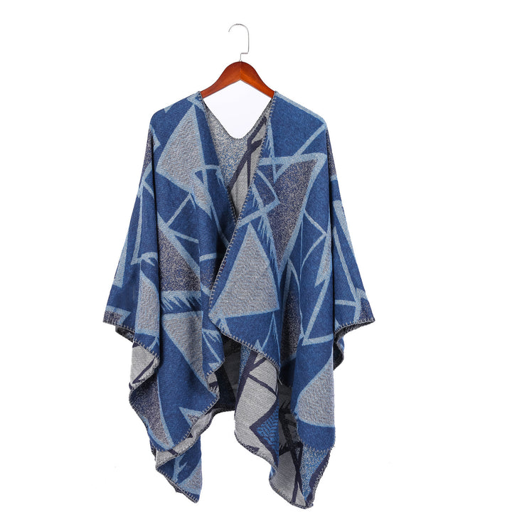 Damen Geometrischer Jacquard-Ruana-Überwurf mit offenem Fall und Zierkante – Avérine