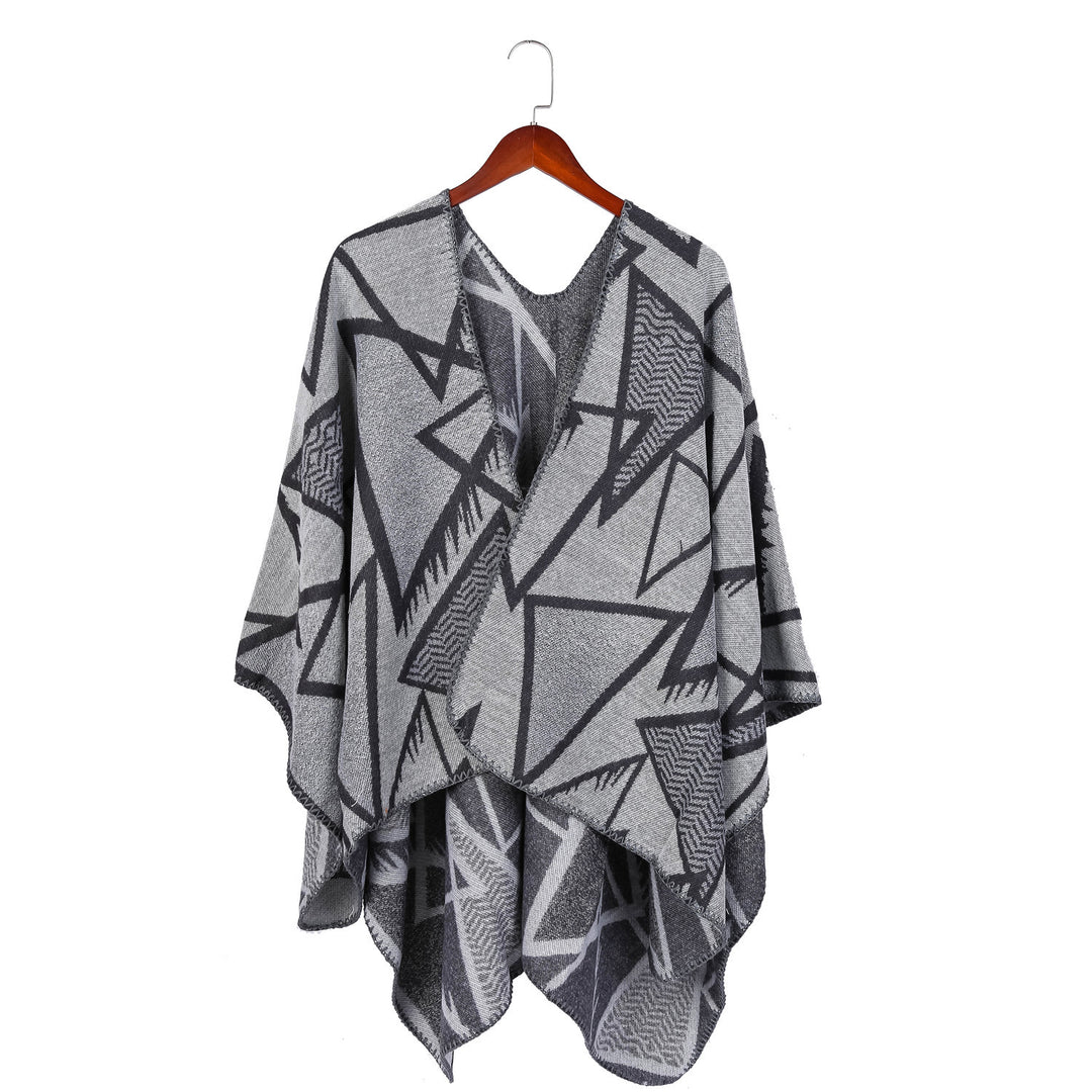 Damen Geometrischer Jacquard-Ruana-Überwurf mit offenem Fall und Zierkante – Avérine