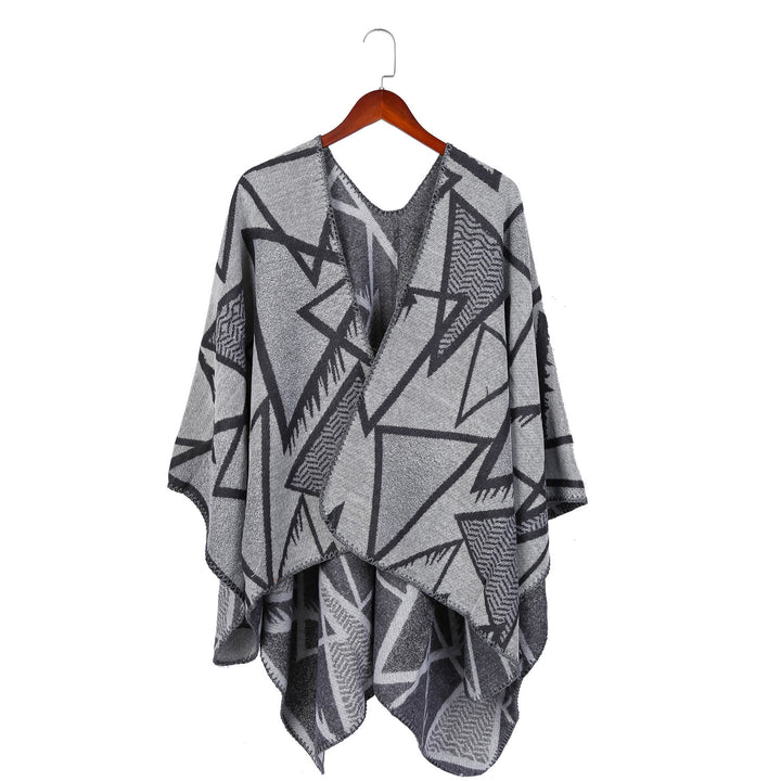 Damen Geometrischer Jacquard-Ruana-Überwurf mit offenem Fall und Zierkante – Avérine