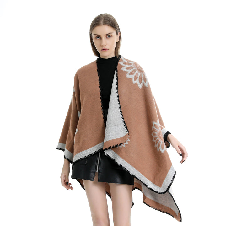 Damen Wollmix‑Ruana mit floraler Intarsienjacquard und offener Kimono‑Silhouette – Veloura