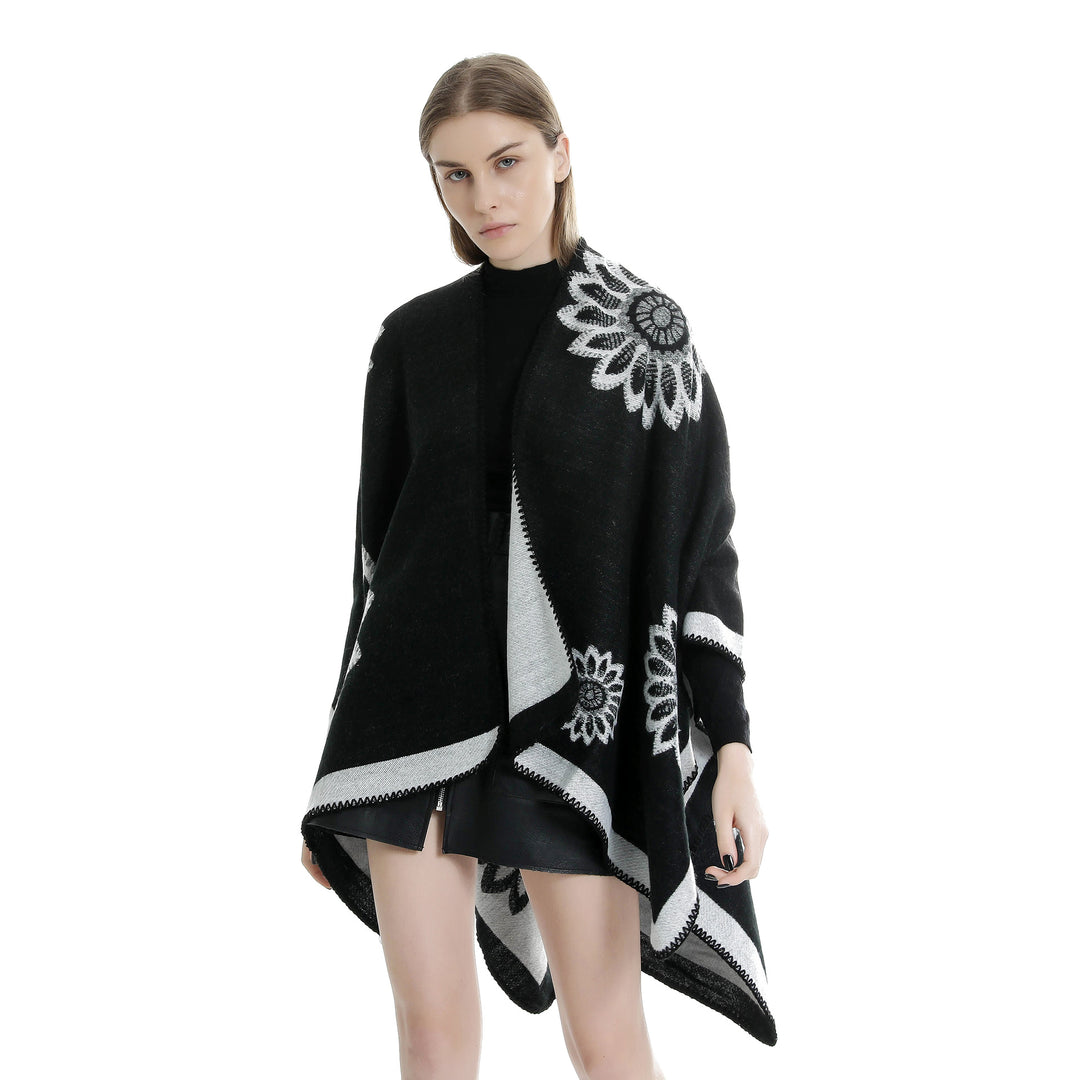 Damen Wollmix‑Ruana mit floraler Intarsienjacquard und offener Kimono‑Silhouette – Veloura