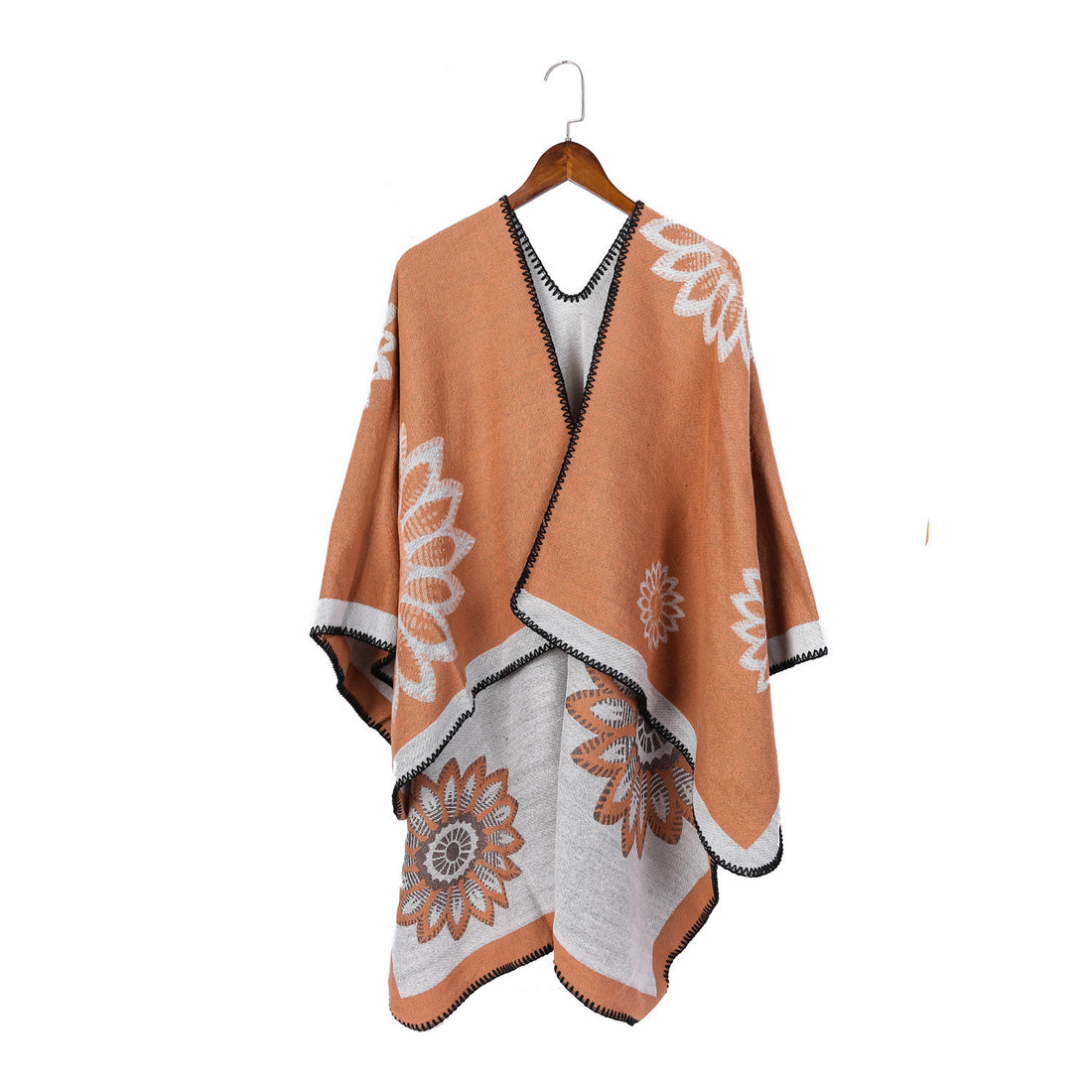 Damen Wollmix‑Ruana mit floraler Intarsienjacquard und offener Kimono‑Silhouette – Veloura