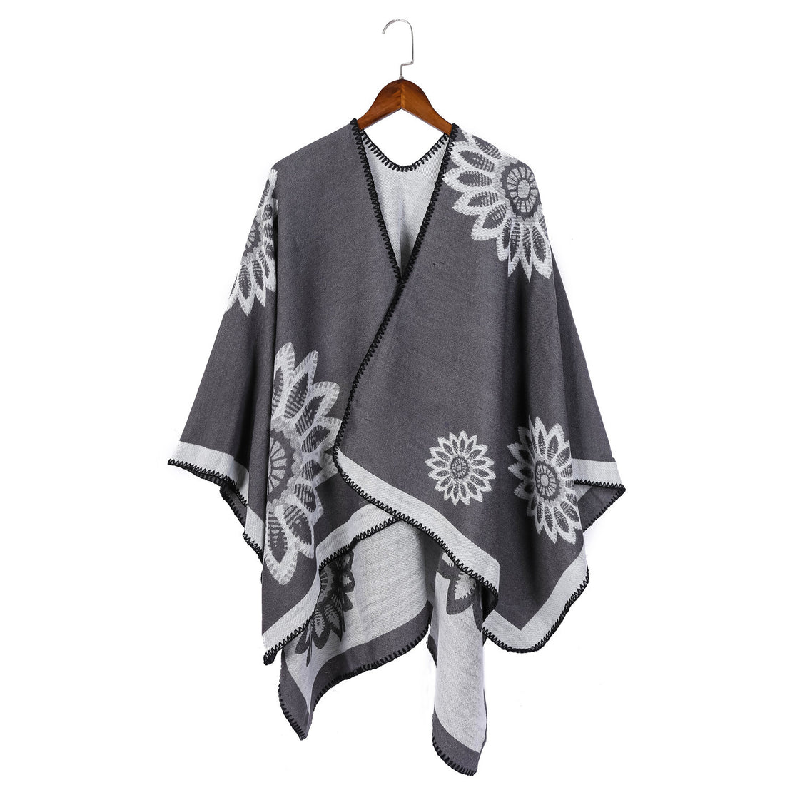 Damen Wollmix‑Ruana mit floraler Intarsienjacquard und offener Kimono‑Silhouette – Veloura