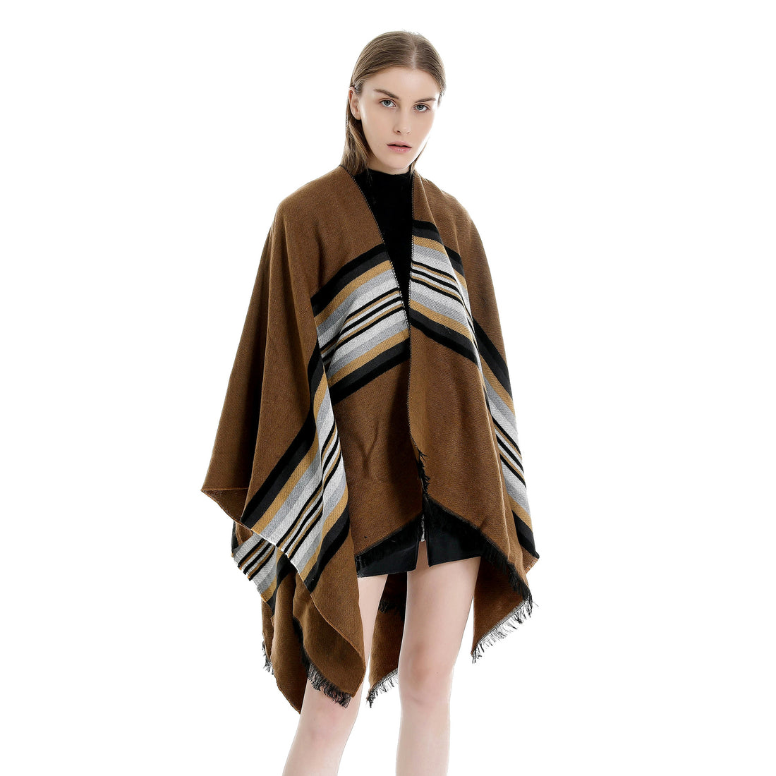 Damen Lässiger Ruana-Poncho aus Wollmix mit asymmetrischem Zipfel und feinem Streifenjacquard – Célinea