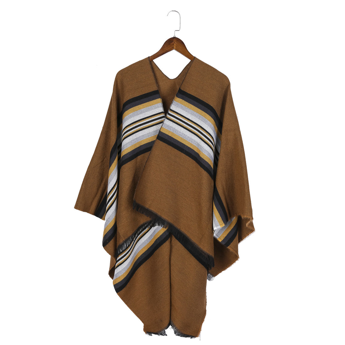 Damen Lässiger Ruana-Poncho aus Wollmix mit asymmetrischem Zipfel und feinem Streifenjacquard – Célinea