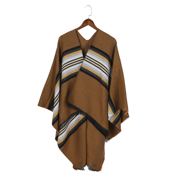 Damen Lässiger Ruana-Poncho aus Wollmix mit asymmetrischem Zipfel und feinem Streifenjacquard – Célinea