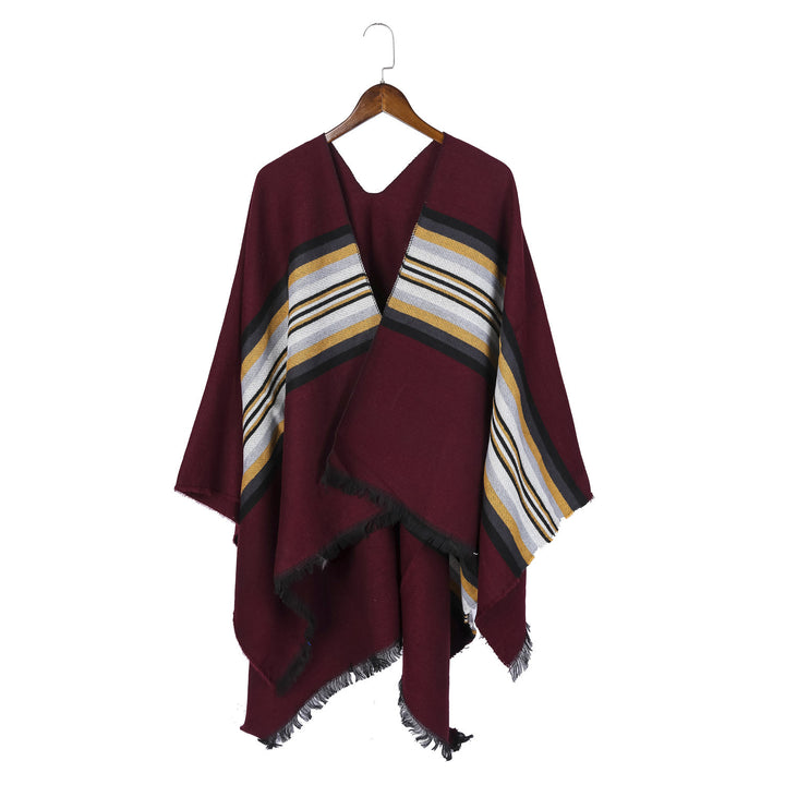 Damen Lässiger Ruana-Poncho aus Wollmix mit asymmetrischem Zipfel und feinem Streifenjacquard – Célinea