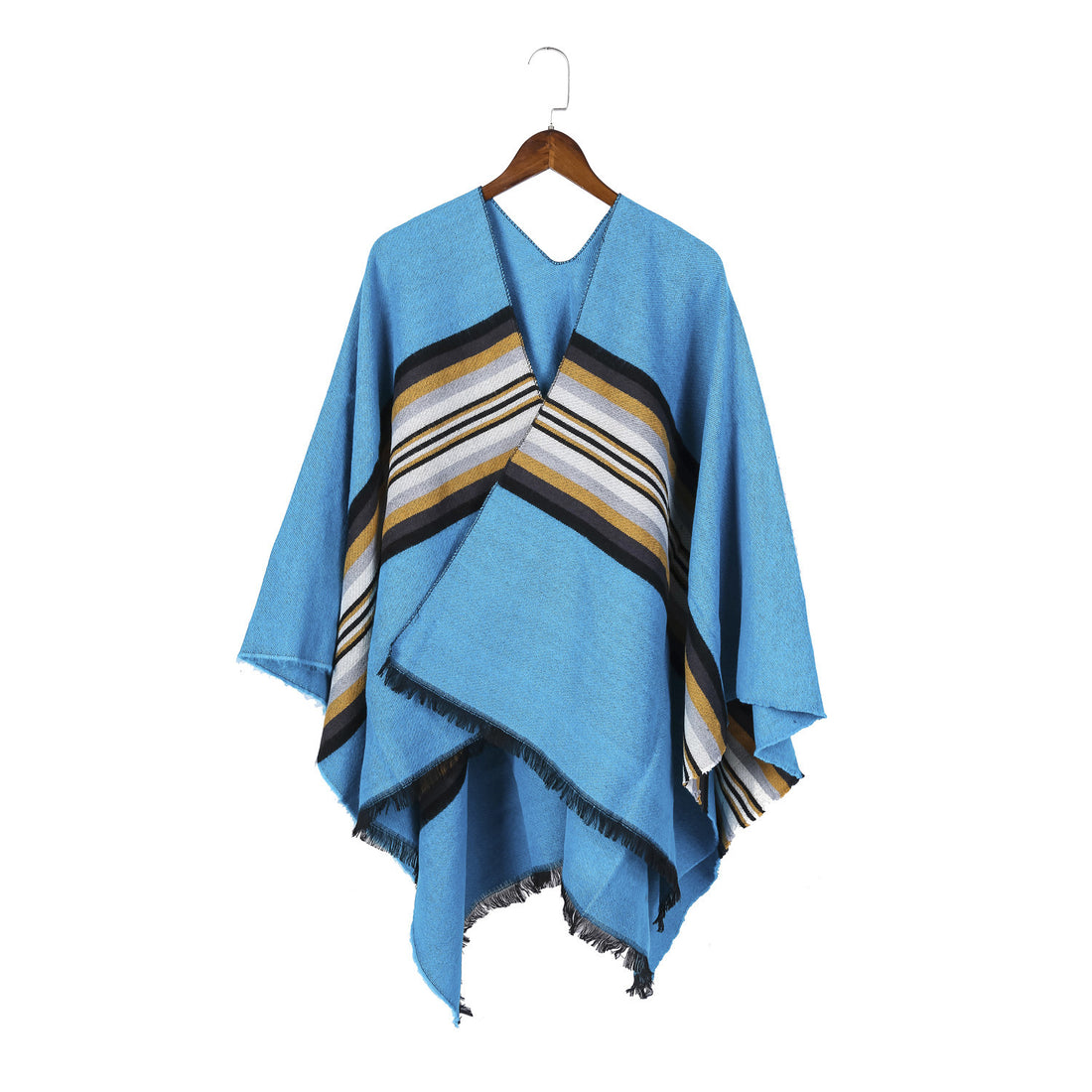 Damen Lässiger Ruana-Poncho aus Wollmix mit asymmetrischem Zipfel und feinem Streifenjacquard – Célinea