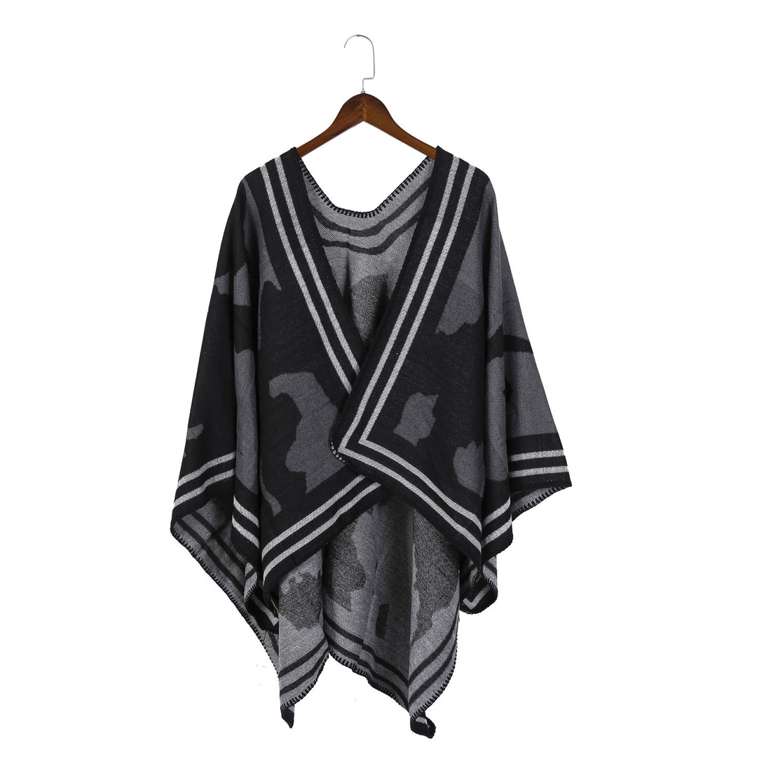 Damen Oversize-Feinstrick-Ruana mit abstraktem Jacquard und kontrastierter Kantenbordüre – Veloura