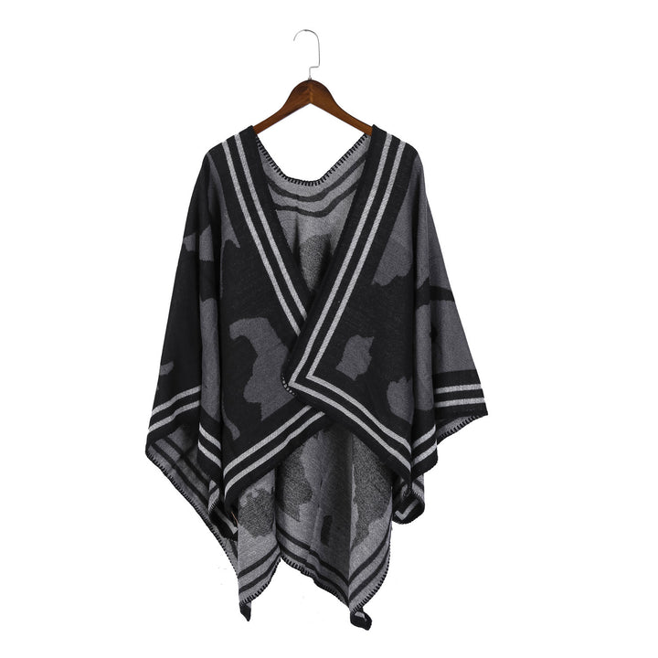 Damen Oversize-Feinstrick-Ruana mit abstraktem Jacquard und kontrastierter Kantenbordüre – Veloura