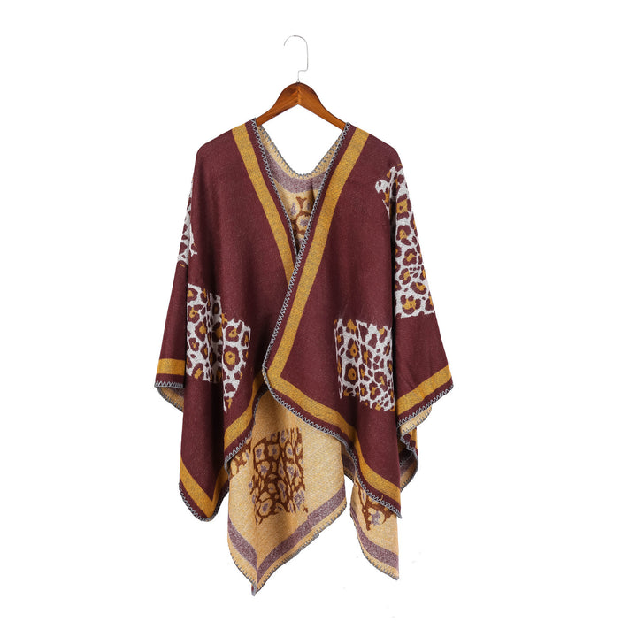 Damen Wolloptik-Kimono-Ruana mit Leopardenjacquard und kontrastierter Bordüre – Célinea