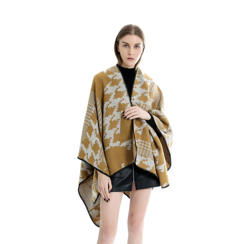 Damen Cape‑Poncho im Ruana‑Schnitt mit dekorativer Kettelkante und zweifarbiger Jacquardstruktur – Montévia