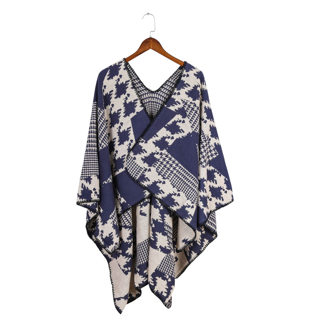 Damen Cape‑Poncho im Ruana‑Schnitt mit dekorativer Kettelkante und zweifarbiger Jacquardstruktur – Montévia