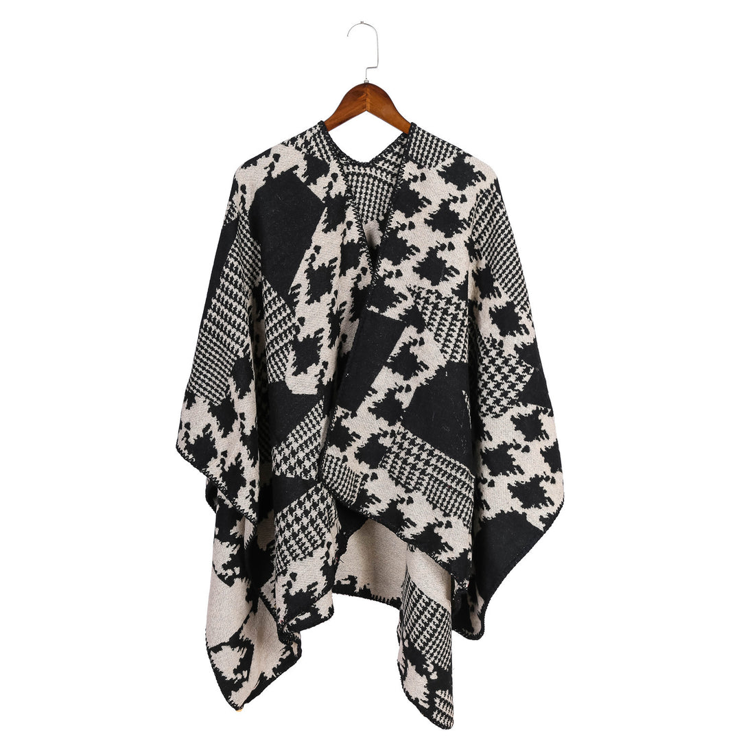 Damen Cape‑Poncho im Ruana‑Schnitt mit dekorativer Kettelkante und zweifarbiger Jacquardstruktur – Montévia