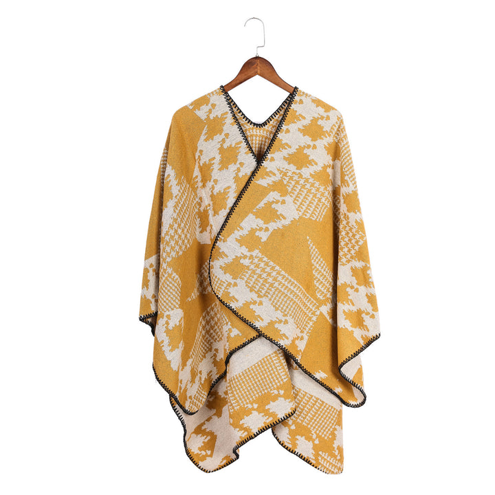 Damen Cape‑Poncho im Ruana‑Schnitt mit dekorativer Kettelkante und zweifarbiger Jacquardstruktur – Montévia