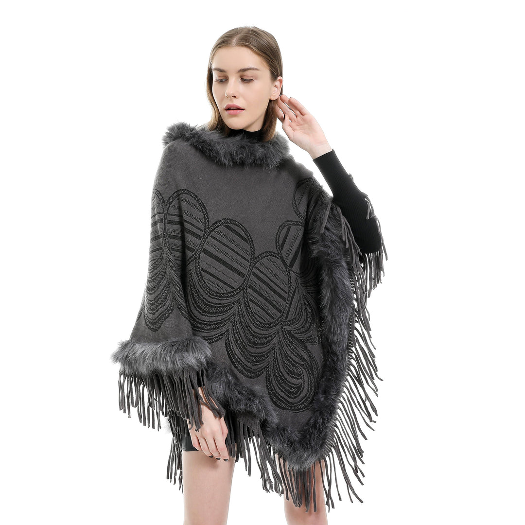 Damen Fransen‑Poncho mit Kunstfellbesatz und Jacquard‑Ruana Echo Archiv