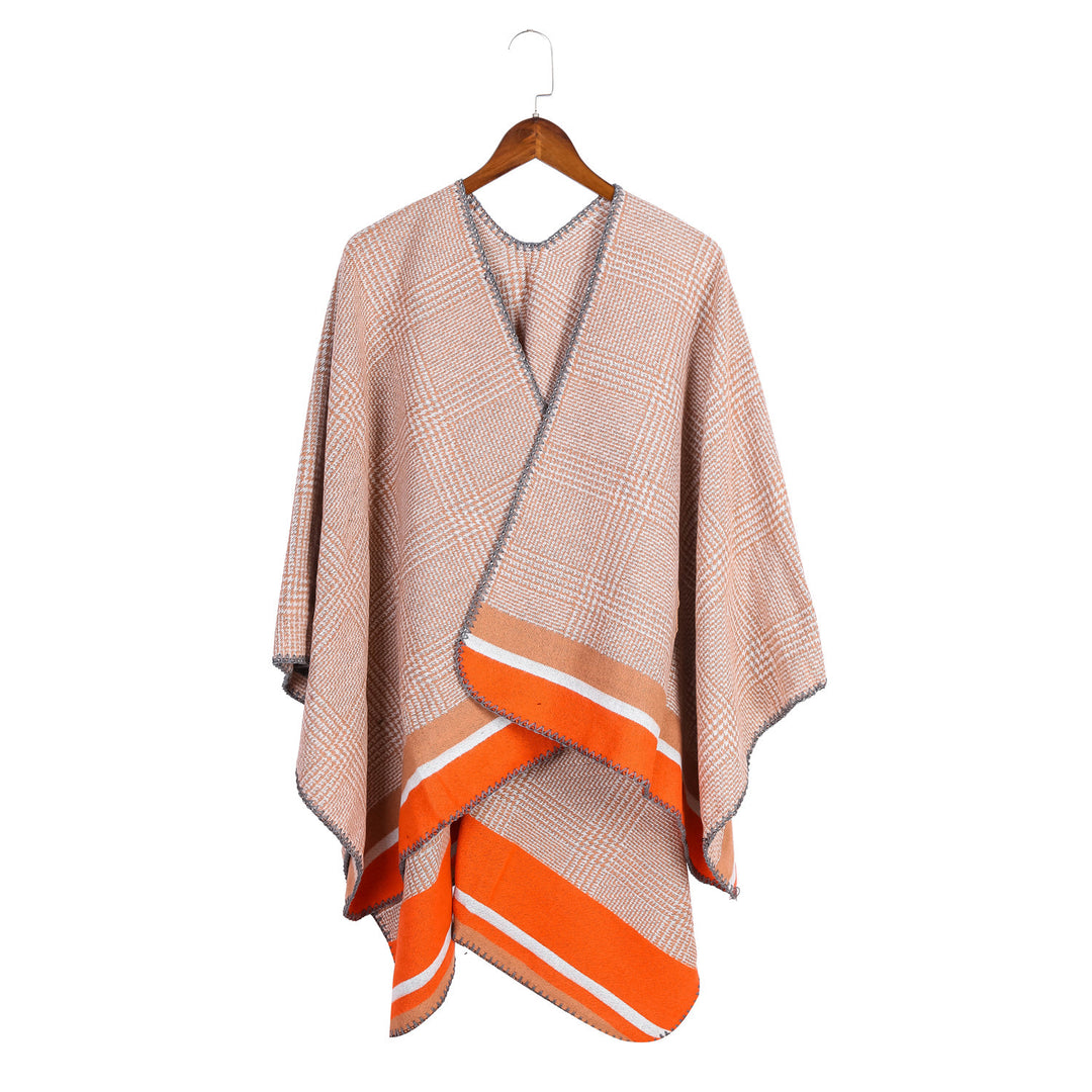 Damen Oversize-Ruana aus Wollmix mit Karojacquard und farbigem Streifenrand – Avérine