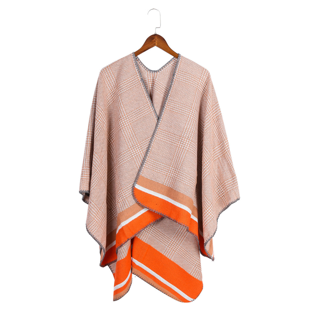 Damen Oversize-Ruana aus Wollmix mit Karojacquard und farbigem Streifenrand – Avérine