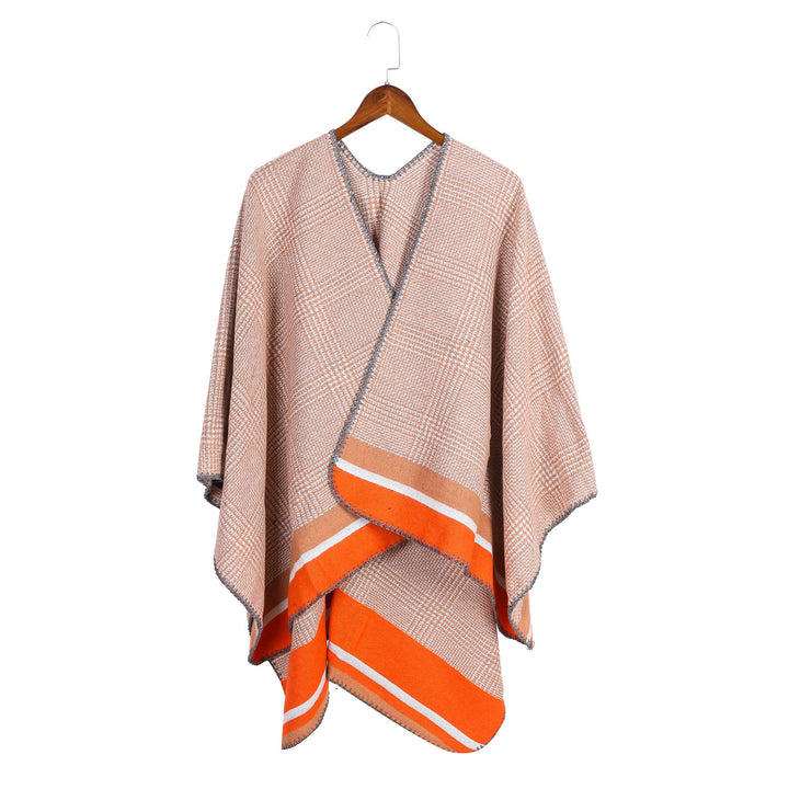 Damen Oversize-Ruana aus Wollmix mit Karojacquard und farbigem Streifenrand – Avérine
