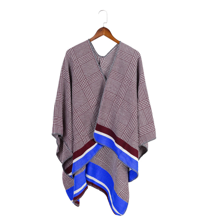 Damen Oversize-Ruana aus Wollmix mit Karojacquard und farbigem Streifenrand – Avérine