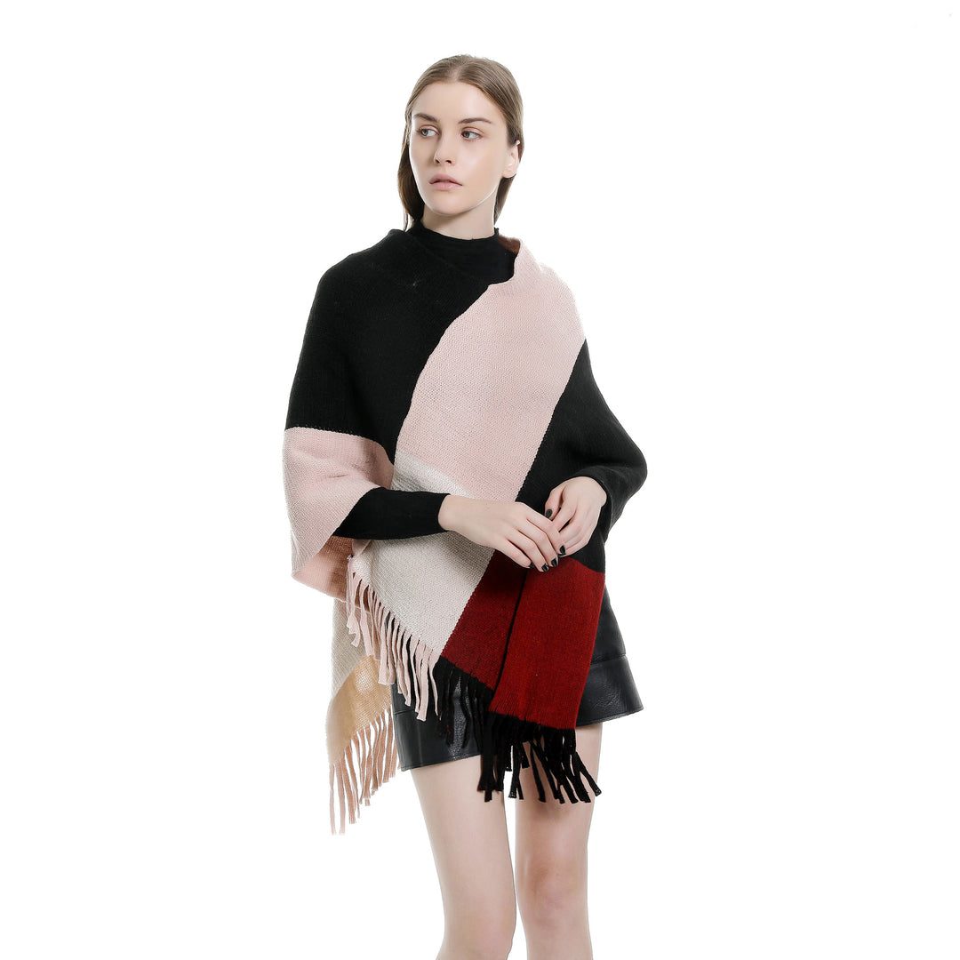Damen Oversize-Ruana-Poncho mit farbigen Blockelementen und Fransensaum Echo Archiv