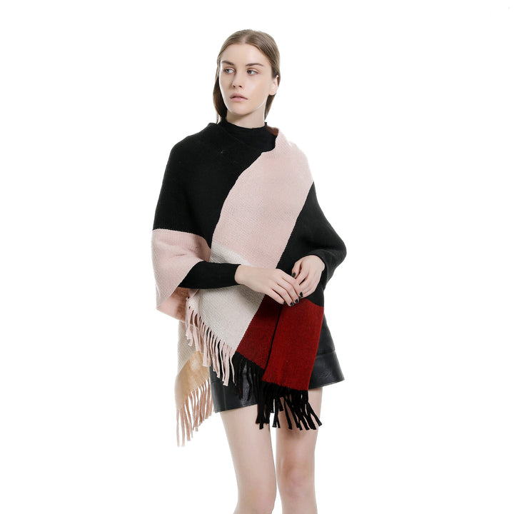 Damen Oversize-Ruana-Poncho mit farbigen Blockelementen und Fransensaum Echo Archiv