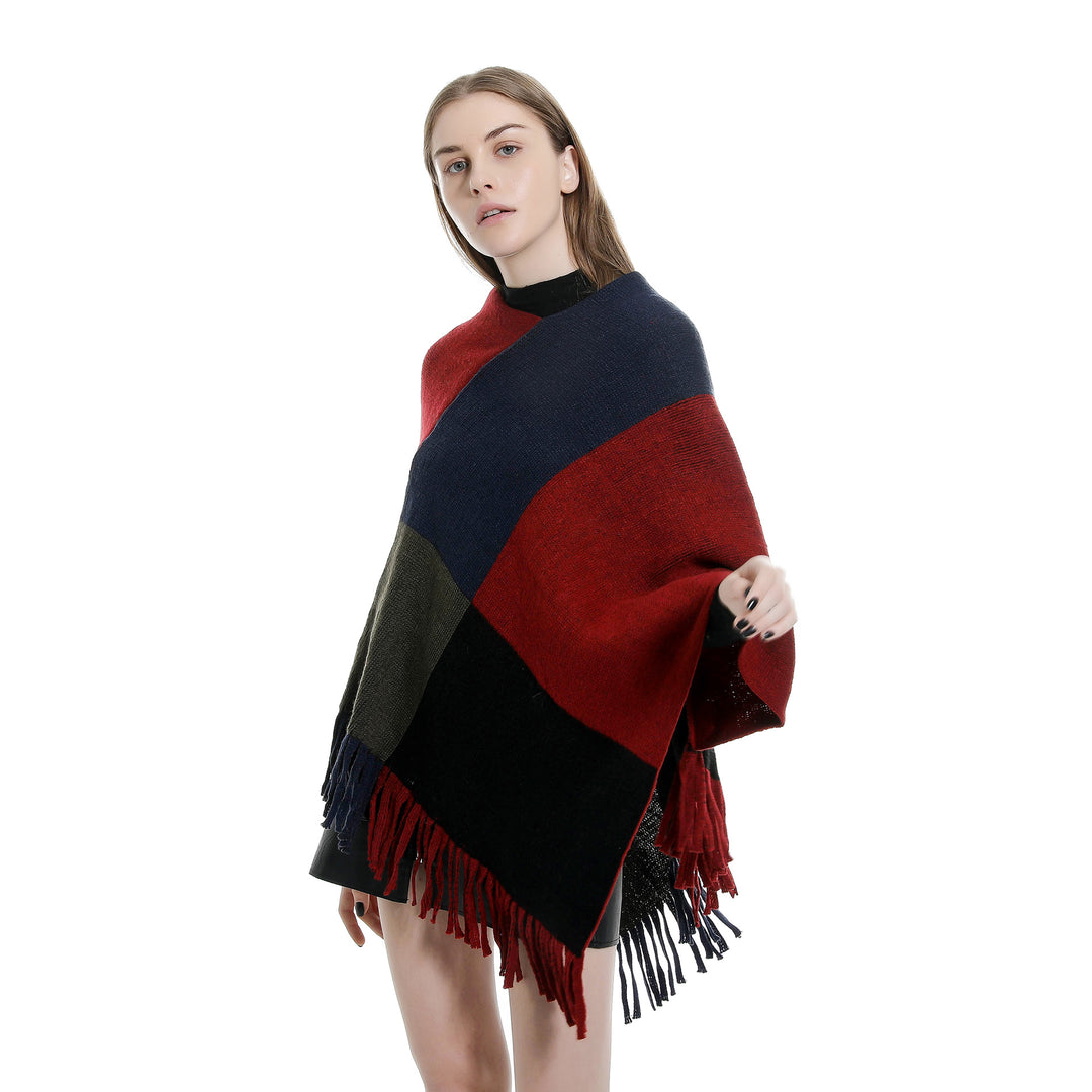 Damen Oversize-Ruana-Poncho mit farbigen Blockelementen und Fransensaum Echo Archiv