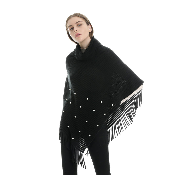 Damen Feinstrick-Poncho mit Rollkragen, Perlenapplikation und Fransensaum Echo Archiv
