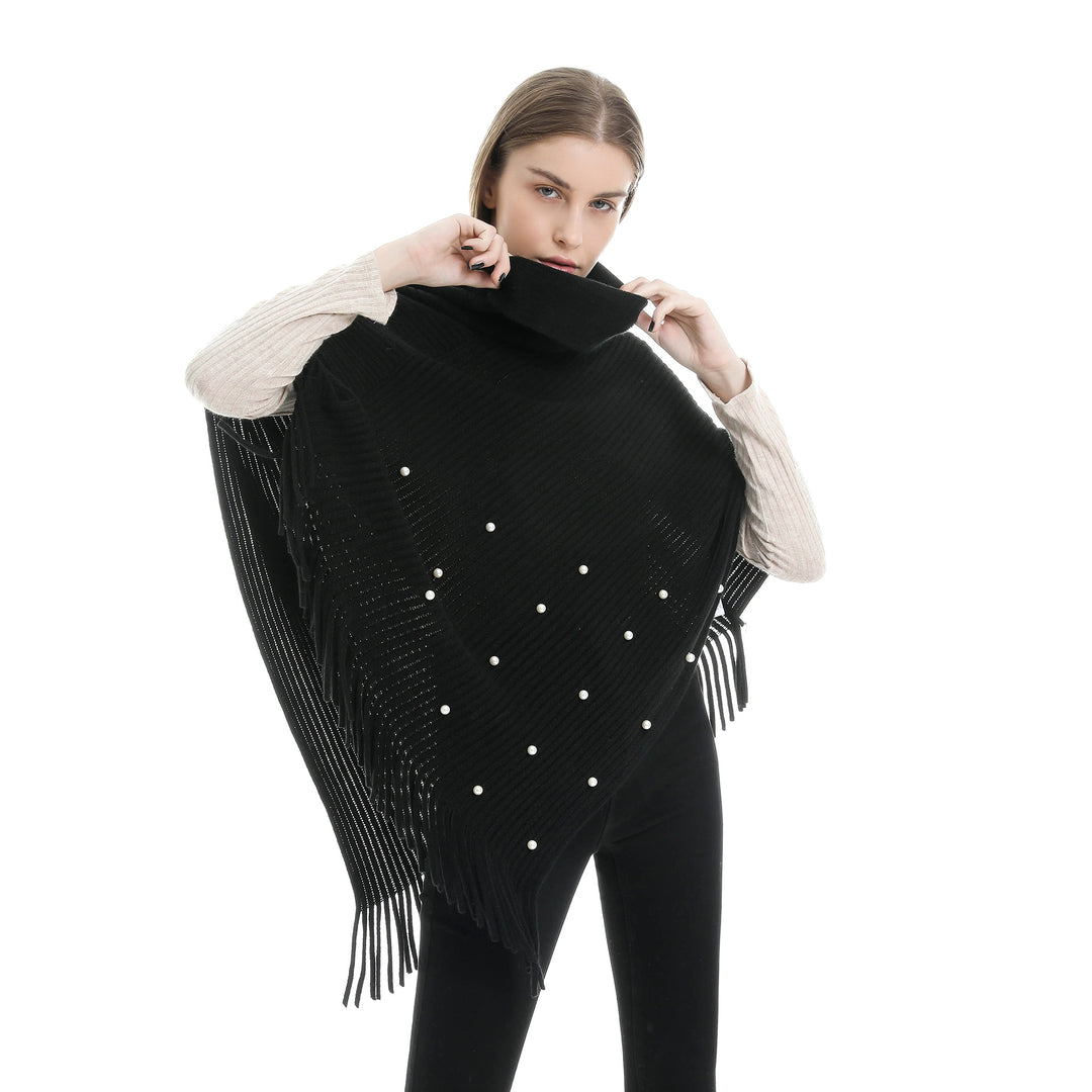 Damen Feinstrick-Poncho mit Rollkragen, Perlenapplikation und Fransensaum Echo Archiv