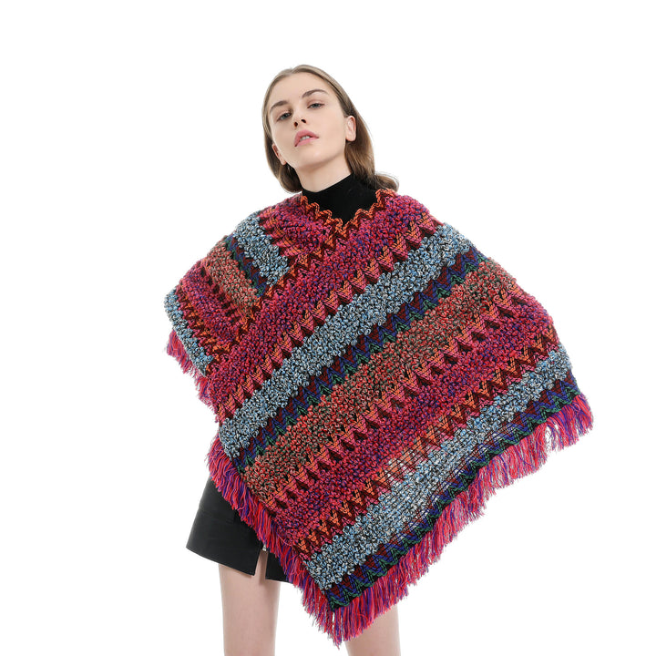 Damen Mehrfarbiger Grobstrick-Poncho mit Zickzack-Jacquard und Fransen Echo Archiv