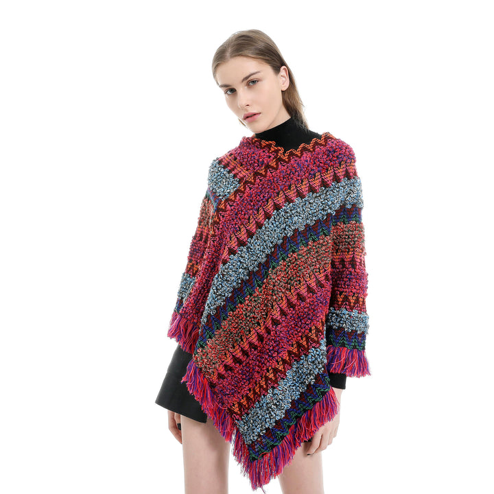 Damen Mehrfarbiger Grobstrick-Poncho mit Zickzack-Jacquard und Fransen Echo Archiv