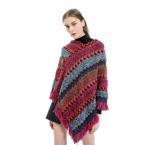 Damen Mehrfarbiger Grobstrick-Poncho mit Zickzack-Jacquard und Fransen Echo Archiv