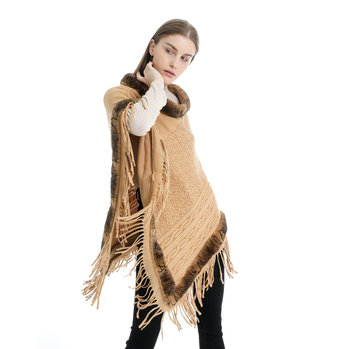 Damen Eleganter Wollmix‑Poncho mit Kunstfellbesatz und Fransensaum Echo Archiv
