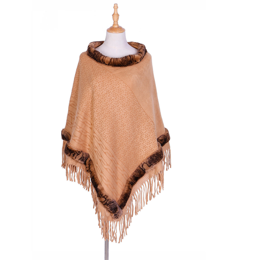 Damen Eleganter Wollmix‑Poncho mit Kunstfellbesatz und Fransensaum Echo Archiv