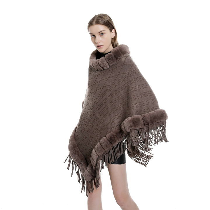 Damen Wolloptik-Ruana mit Kunstfellkragen, Fransensaum und Oversize-Fall Echo Archiv