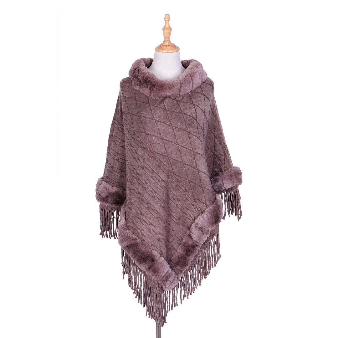 Damen Wolloptik-Ruana mit Kunstfellkragen, Fransensaum und Oversize-Fall Echo Archiv