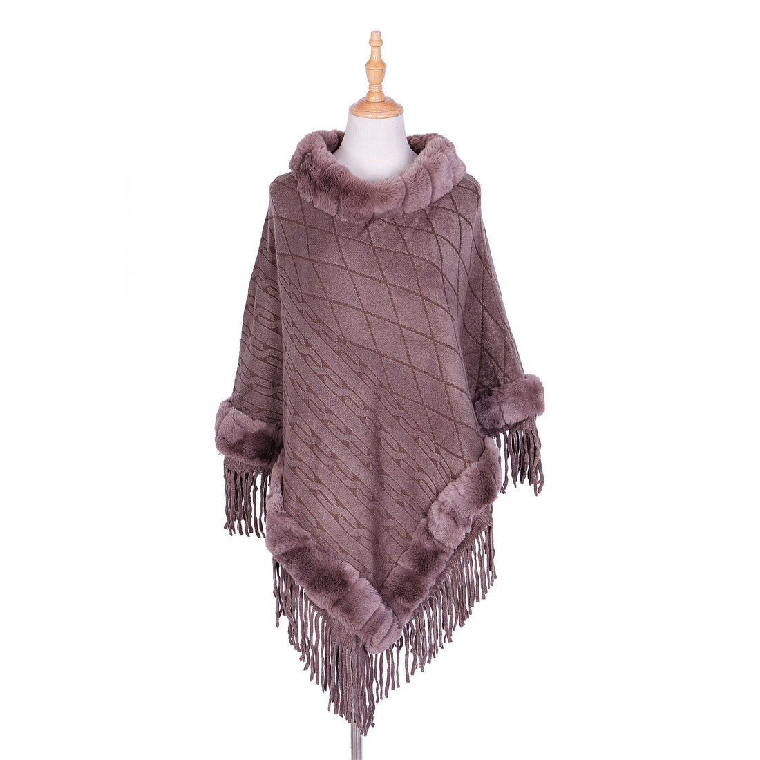 Damen Wolloptik-Ruana mit Kunstfellkragen, Fransensaum und Oversize-Fall – Montévia