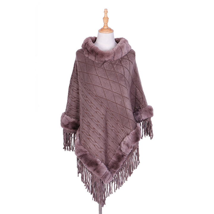 Damen Wolloptik-Ruana mit Kunstfellkragen, Fransensaum und Oversize-Fall Echo Archiv