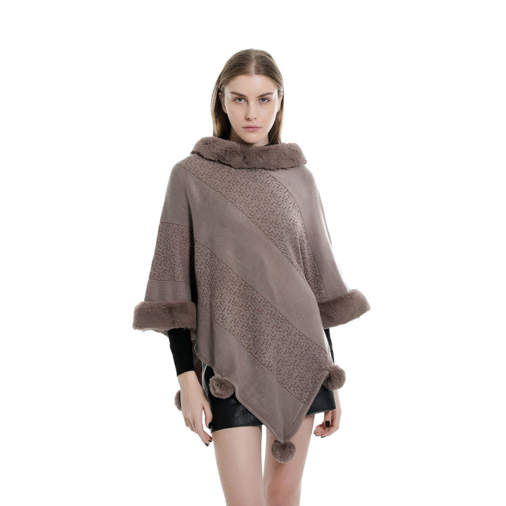 Damen Ruana-Poncho mit Kunstfellbesatz, Kaschmir-Touch und Bommel-Saum – Célinea