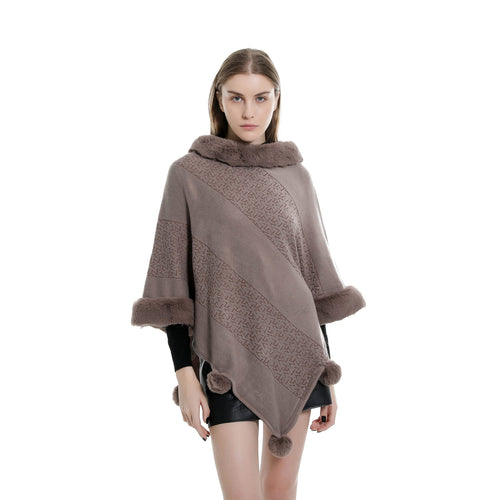 Damen Ruana-Poncho mit Kunstfellbesatz, Kaschmir-Touch und Bommel-Saum – Célinea