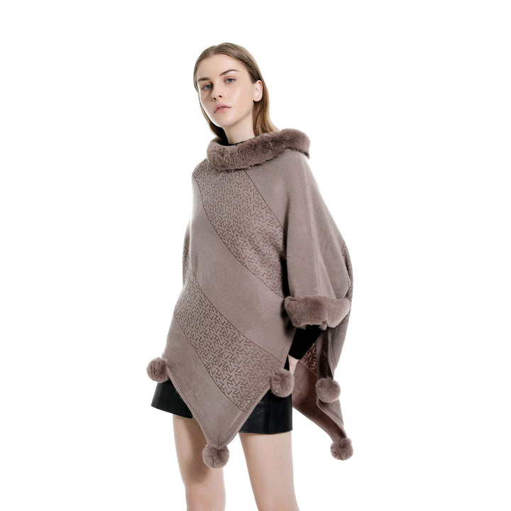 Damen Ruana-Poncho mit Kunstfellbesatz, Kaschmir-Touch und Bommel-Saum – Célinea