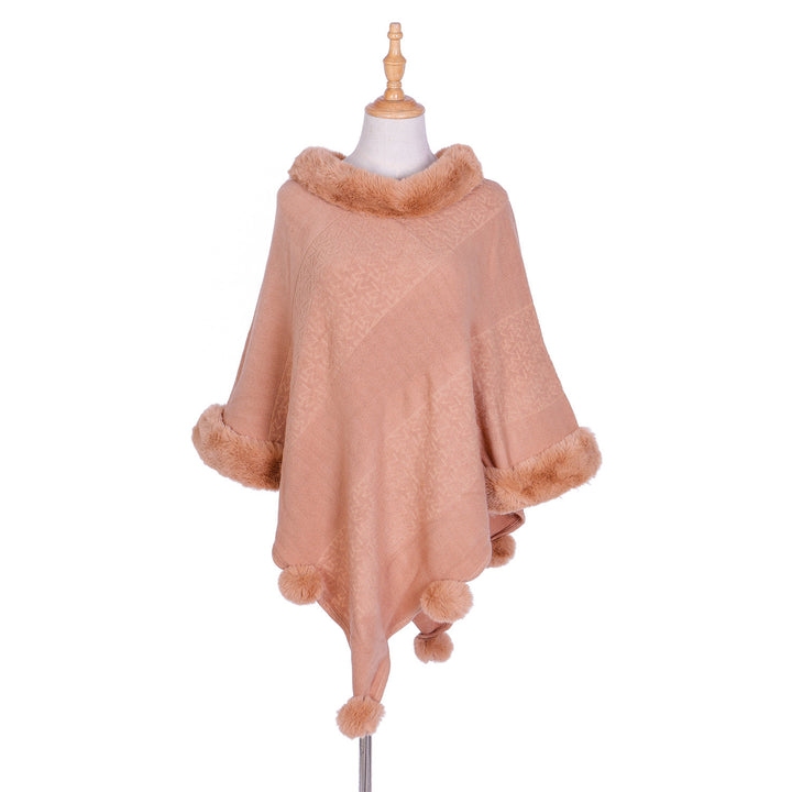 Damen Ruana-Poncho mit Kunstfellbesatz, Kaschmir-Touch und Bommel-Saum – Célinea