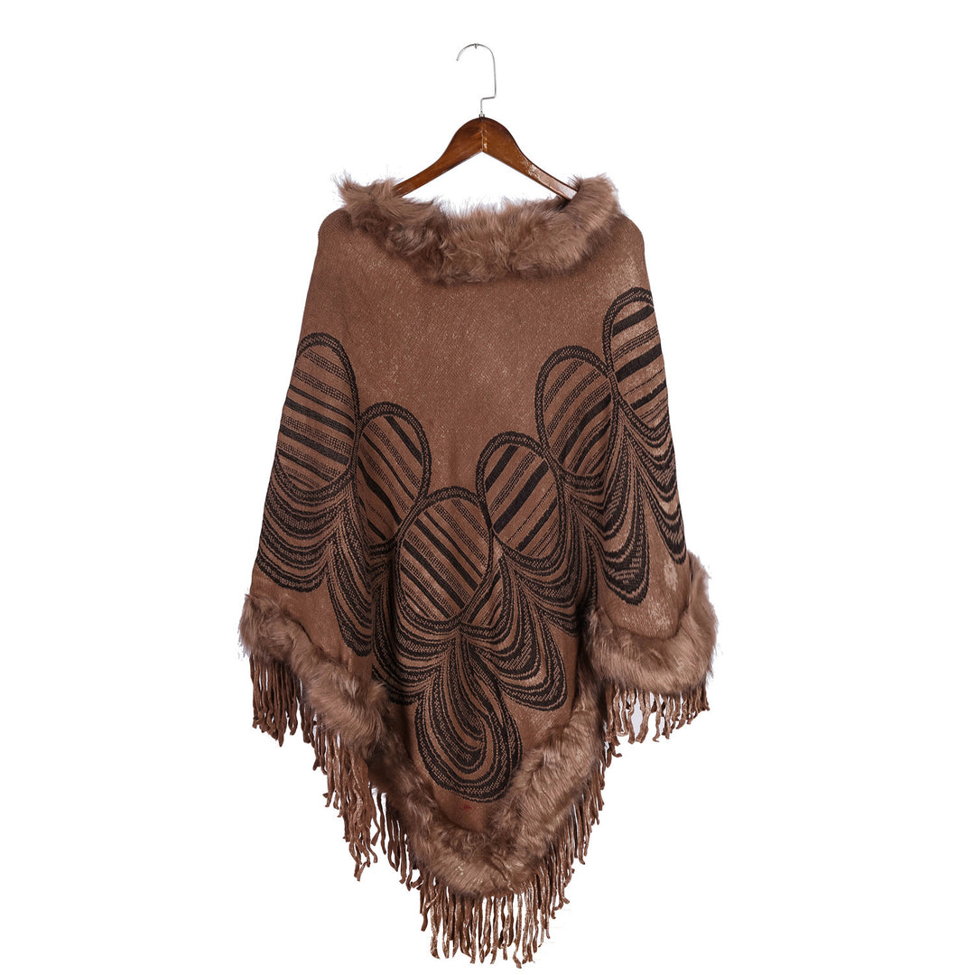 Damen Fransen‑Poncho mit Kunstfellbesatz und Jacquard‑Ruana Echo Archiv