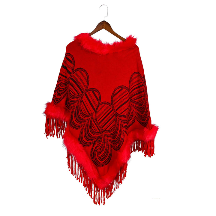 Damen Fransen‑Poncho mit Kunstfellbesatz und Jacquard‑Ruana Echo Archiv