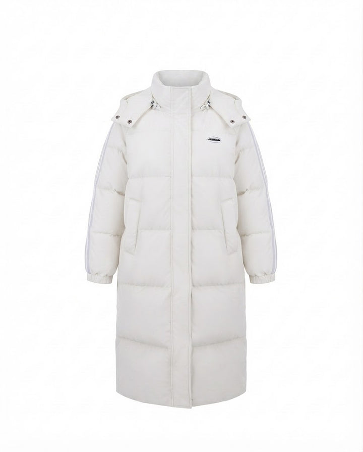 Damen nan längerer steppthermocoat mit hohem Stehkragen, Sportstreifen und integrierter Brusttasche