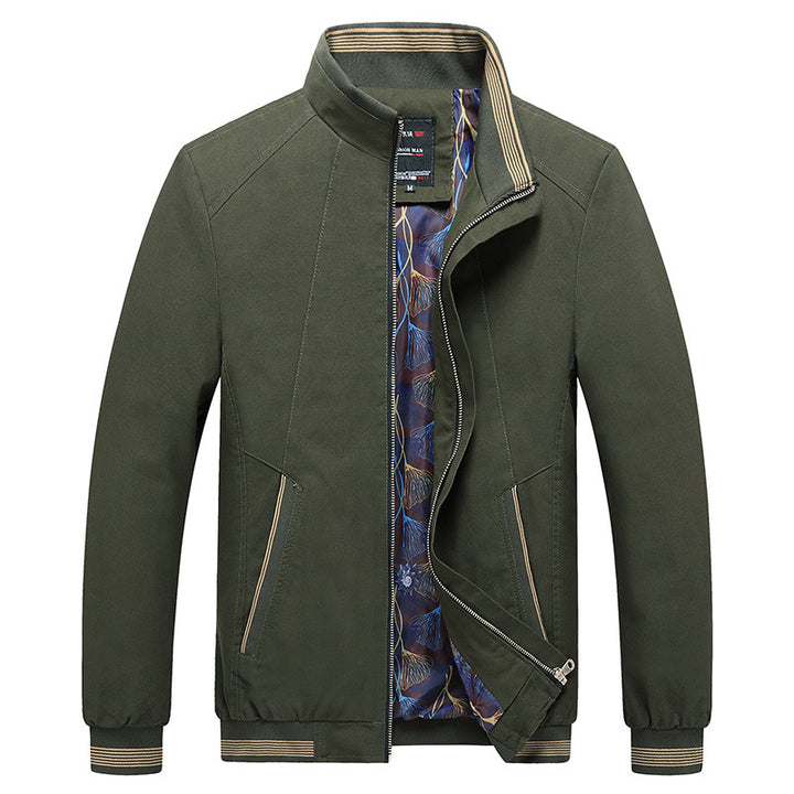Herren Leichte Harrington-Jacke mit Stehkragen, verdecktem Reißverschluss, gestreiften Rippbündchen & gemustertem Innenfutter Echoarchiv